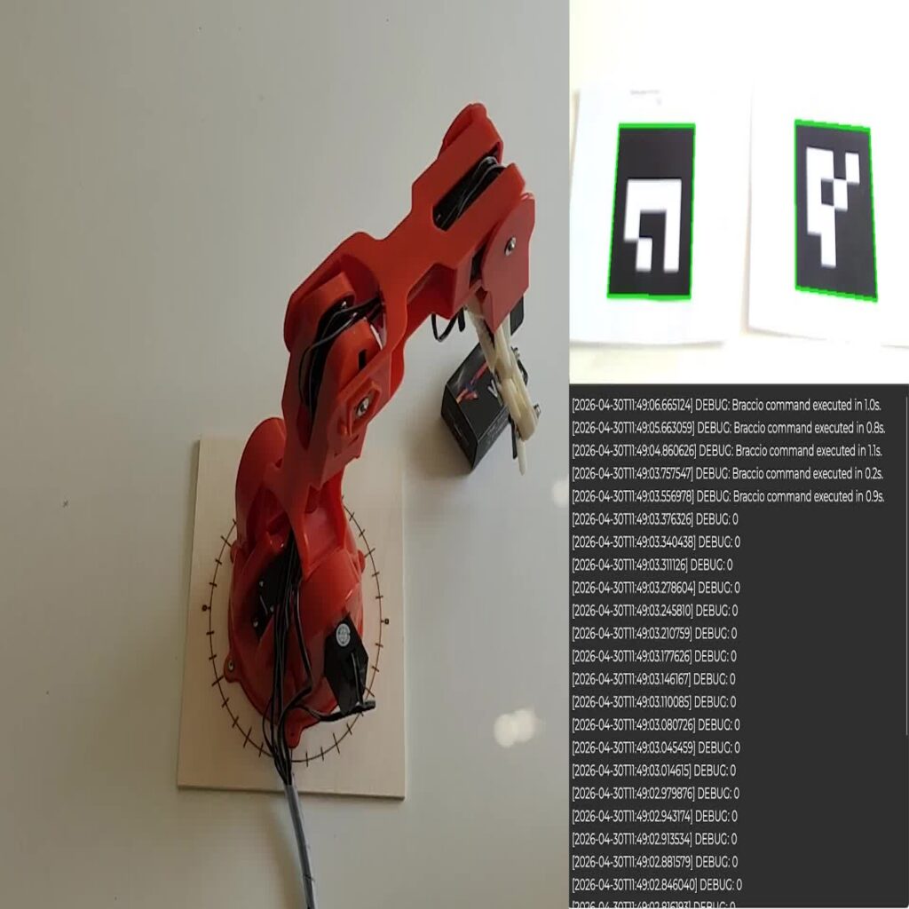 Arduino Braccio ROS 2 camera tracking demo with detected ArUco markers and robot execution logs