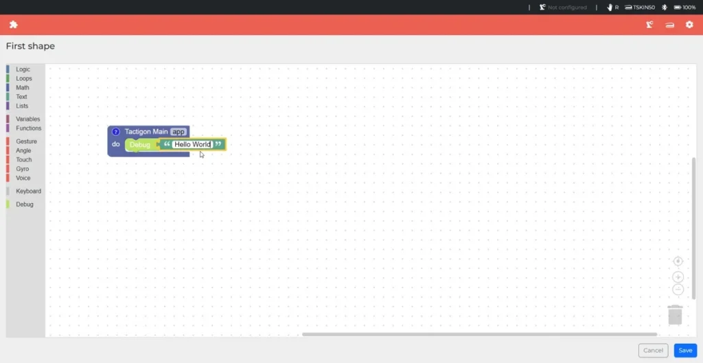 Connected visual programming blocks and Save button in Tactigon SHAPE.