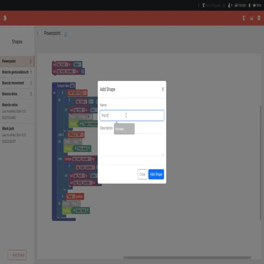 Tactigon SHAPE dialog for creating a new Shape with a name and description.
