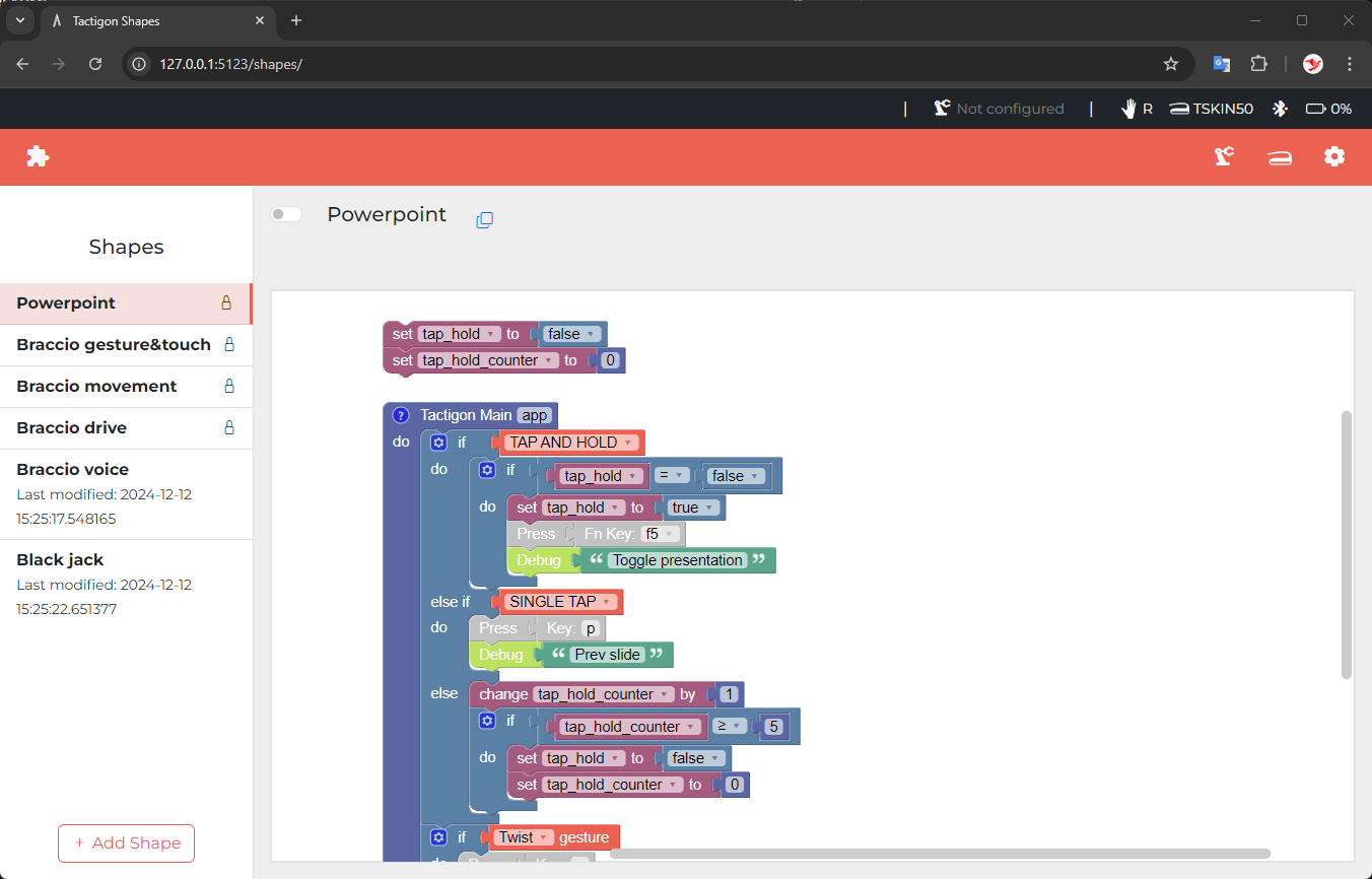 Tactigon SHAPE interface with example projects and visual programming blocks.