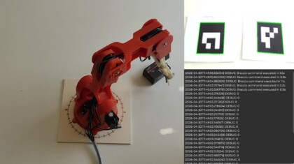 Arduino Braccio ROS 2 camera tracking demo with detected ArUco markers and robot execution logs